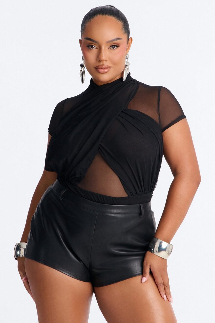Serena Short Sleeve Mesh Bodysuit - Black