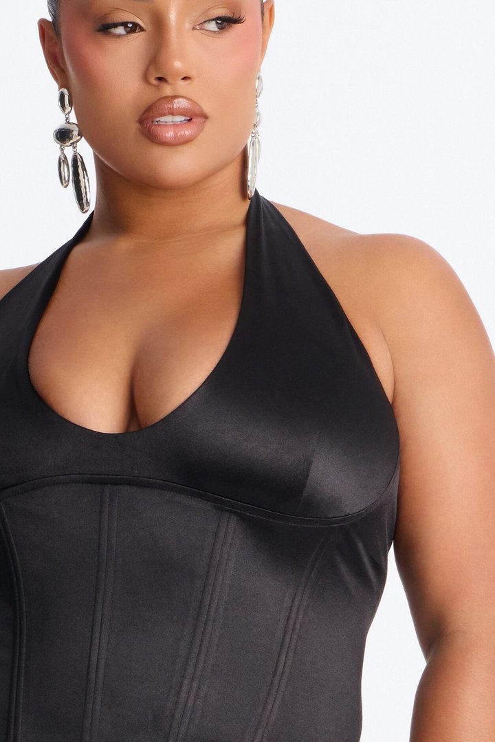 Kylie Satin U Neck Halter Corset Top - Black