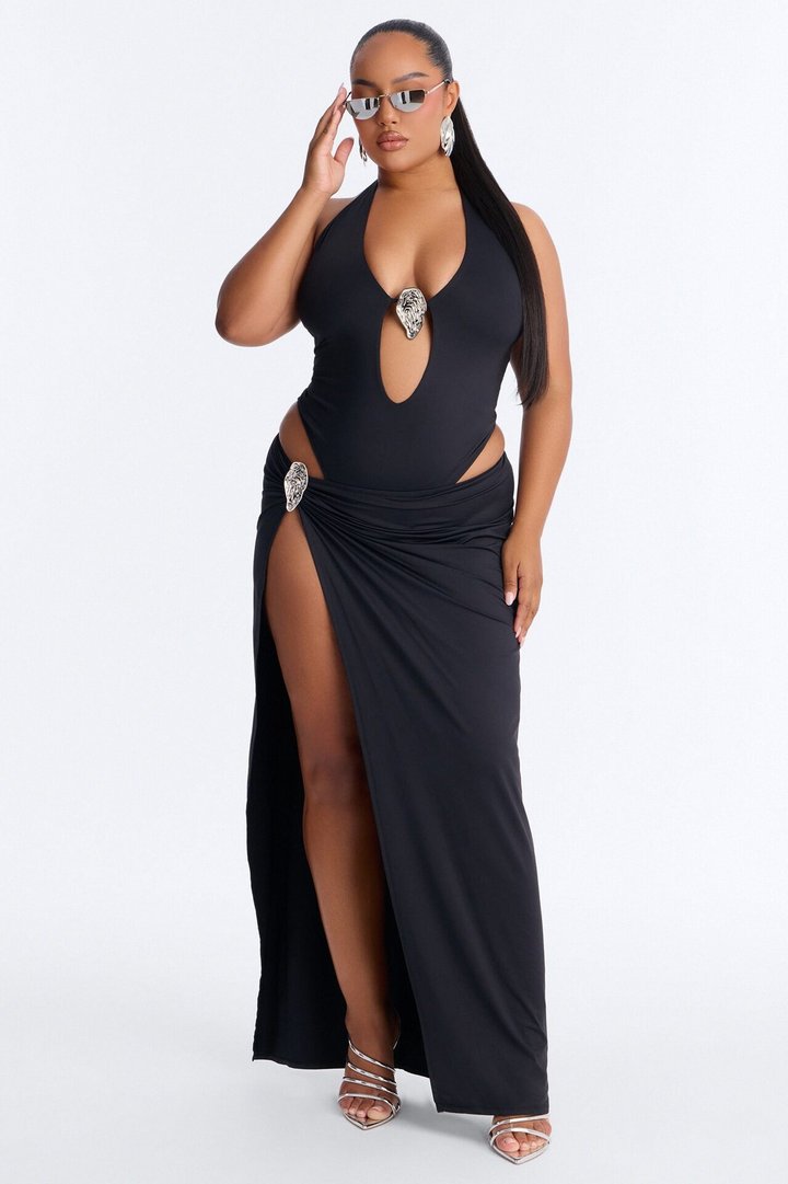 Midnight Goddess Bodysuit Skirt Set - Black