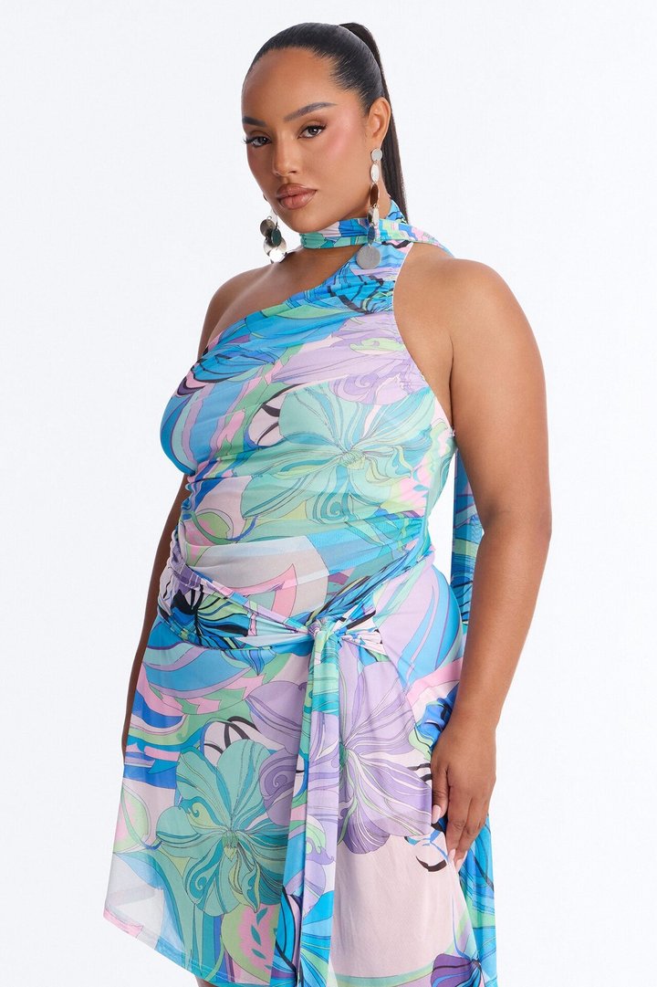 Euro Summer Abstract Mesh Mini Dress - Blue/combo