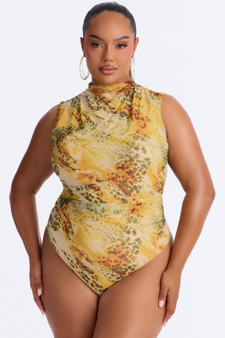 Hunt Me Down Ruched Sleeveless Mesh Bodysuit - Yellow/combo