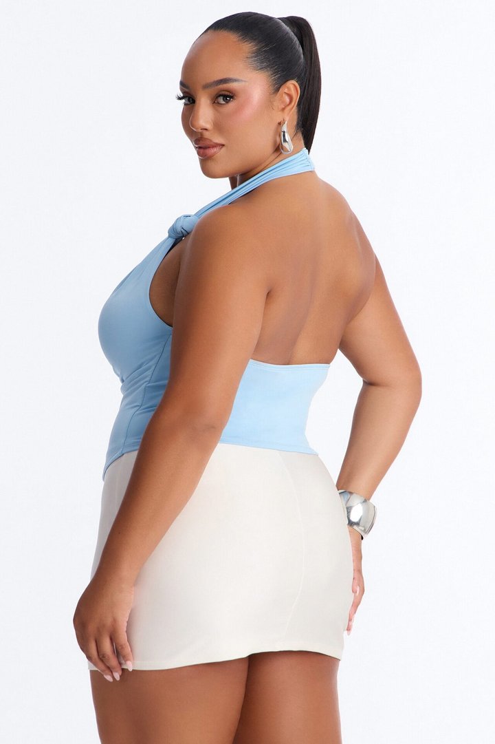 Golden Hour Cowl Neck Knot Halter Top - Blue