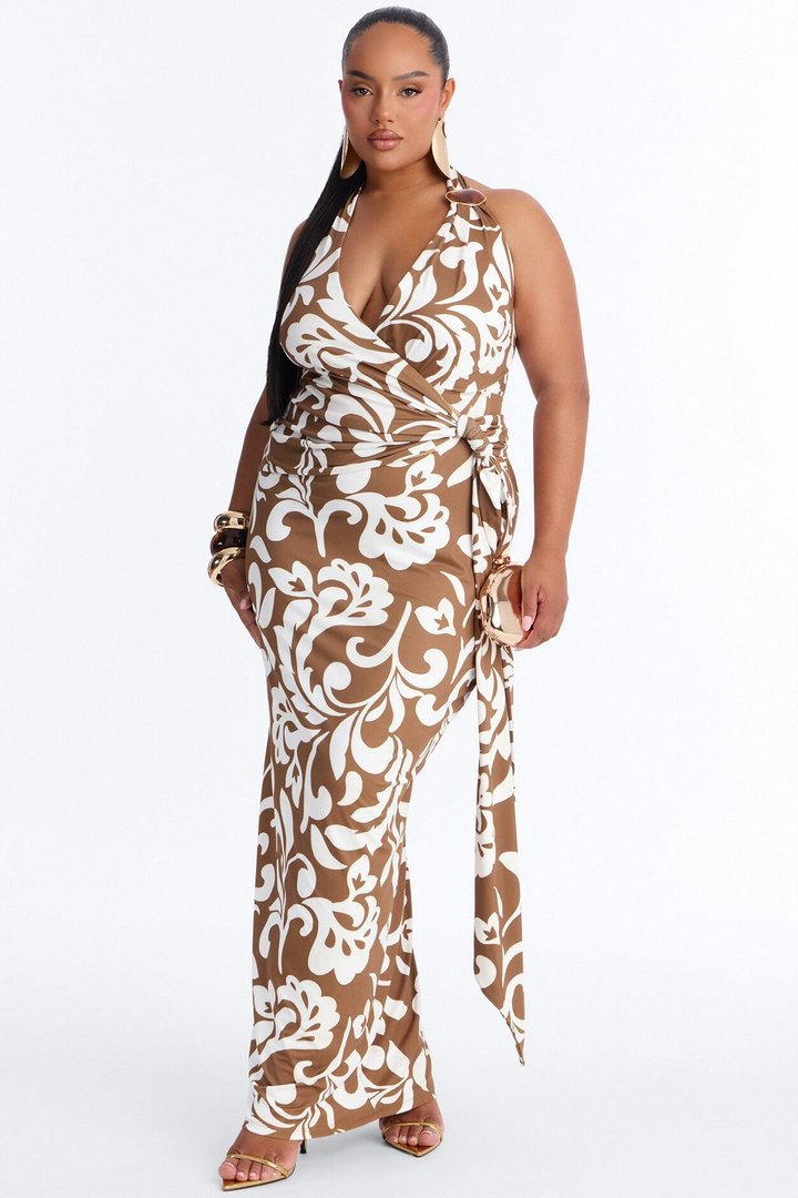 Athena Halter Maxi Dress - Brown/combo