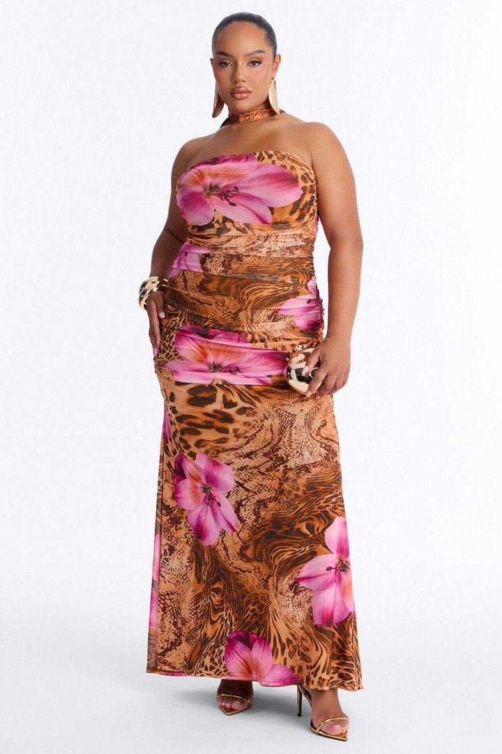 Gianna Ruched Mesh Maxi Dress - Brown/combo