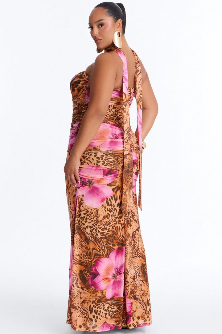 Gianna Ruched Mesh Maxi Dress - Brown/combo