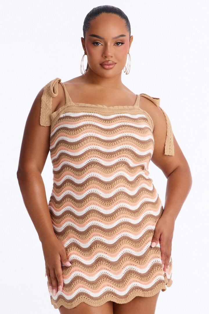 Christy Chevron Crochet Mini Dress - Taupe/combo