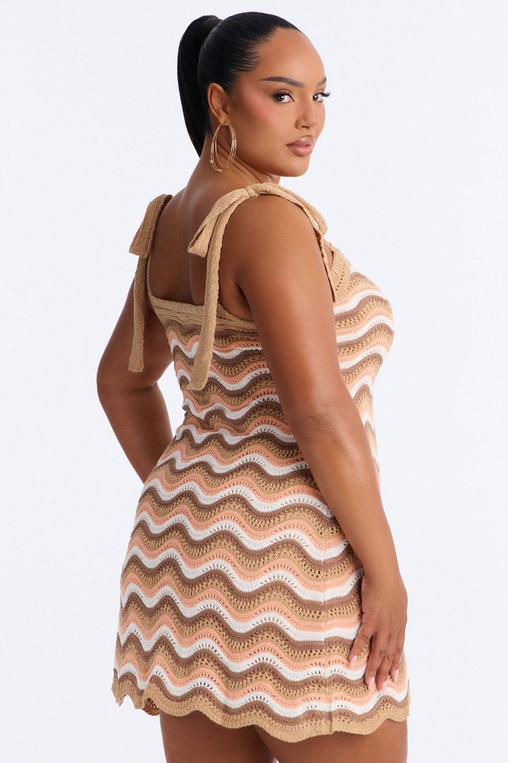 Christy Chevron Crochet Mini Dress - Taupe/combo