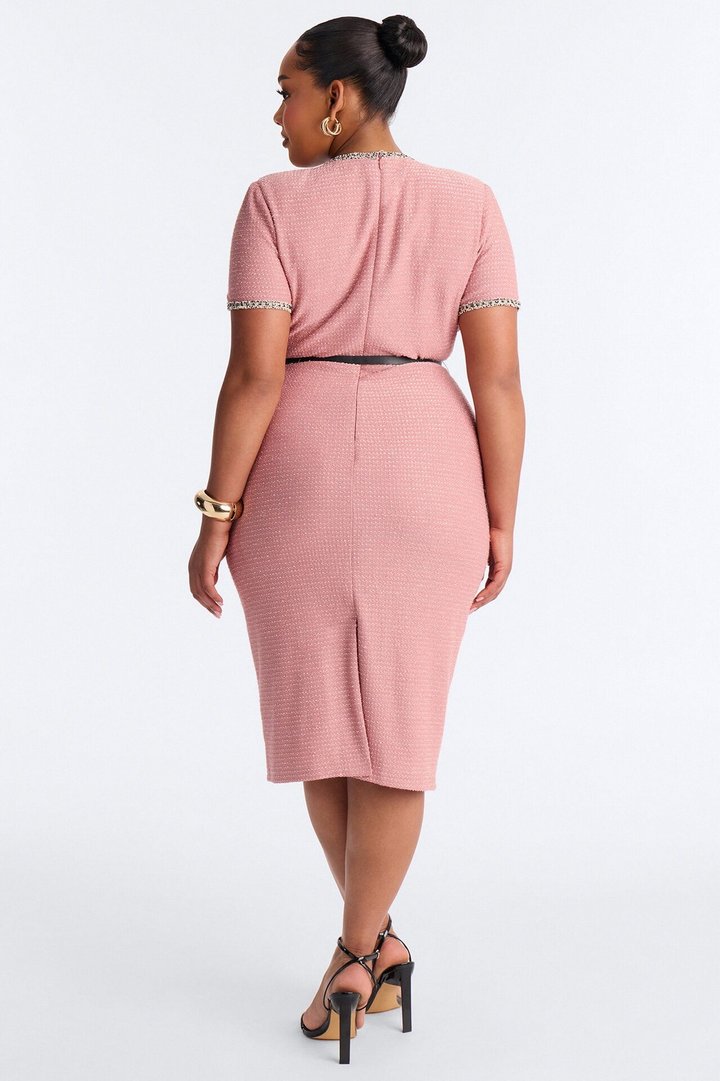 Monique Short Sleeve Tweed Midi Dress - Rose