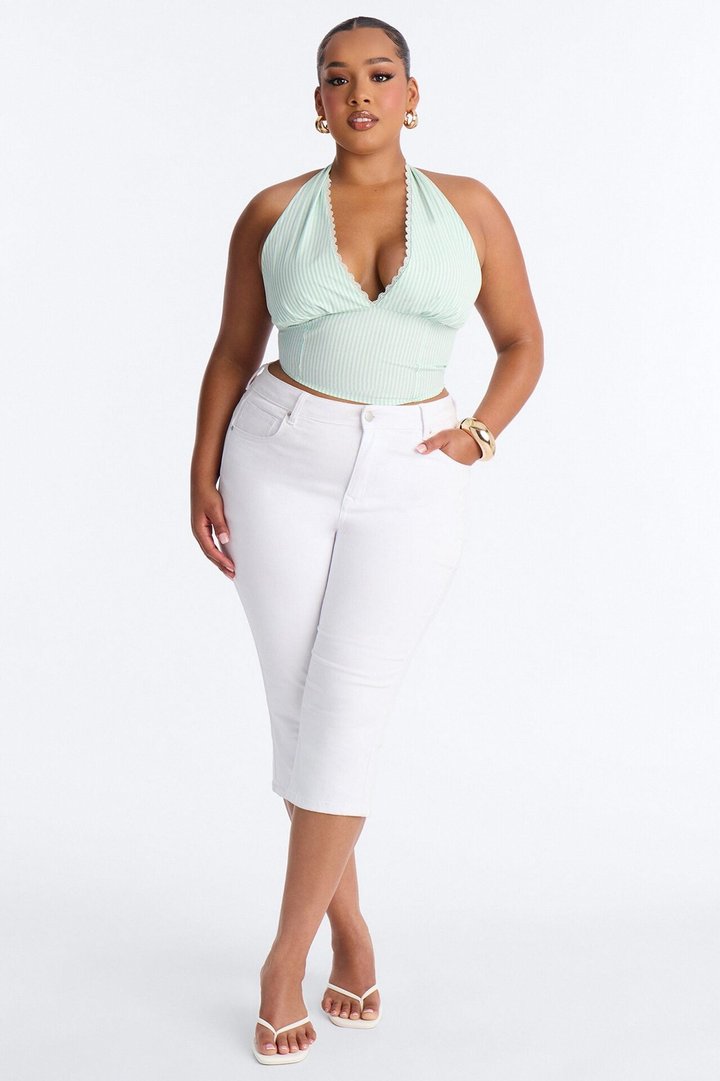 Daniella Lace Trim Poplin Striped Halter Top - Green/combo