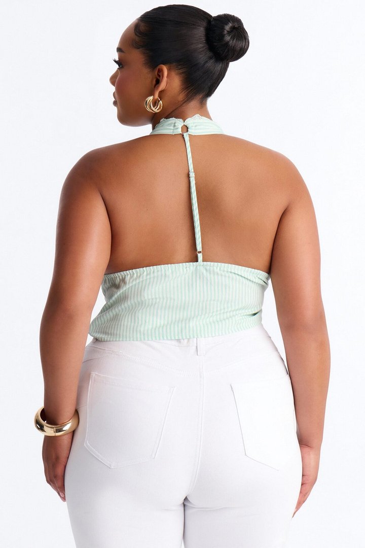 Daniella Lace Trim Poplin Striped Halter Top - Green/combo