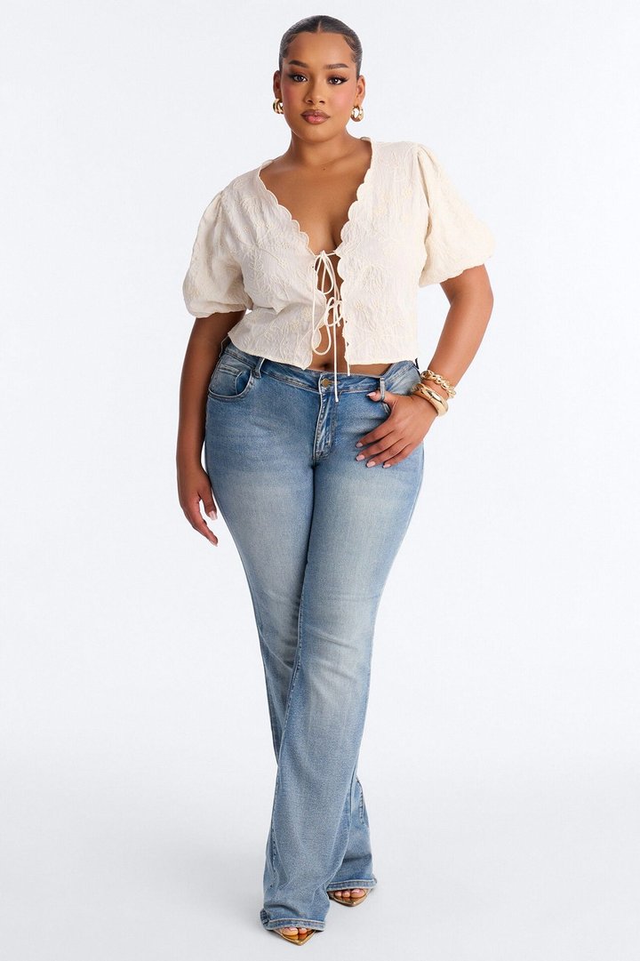 Mira Embroidered Tie Front Linen Top - Cream