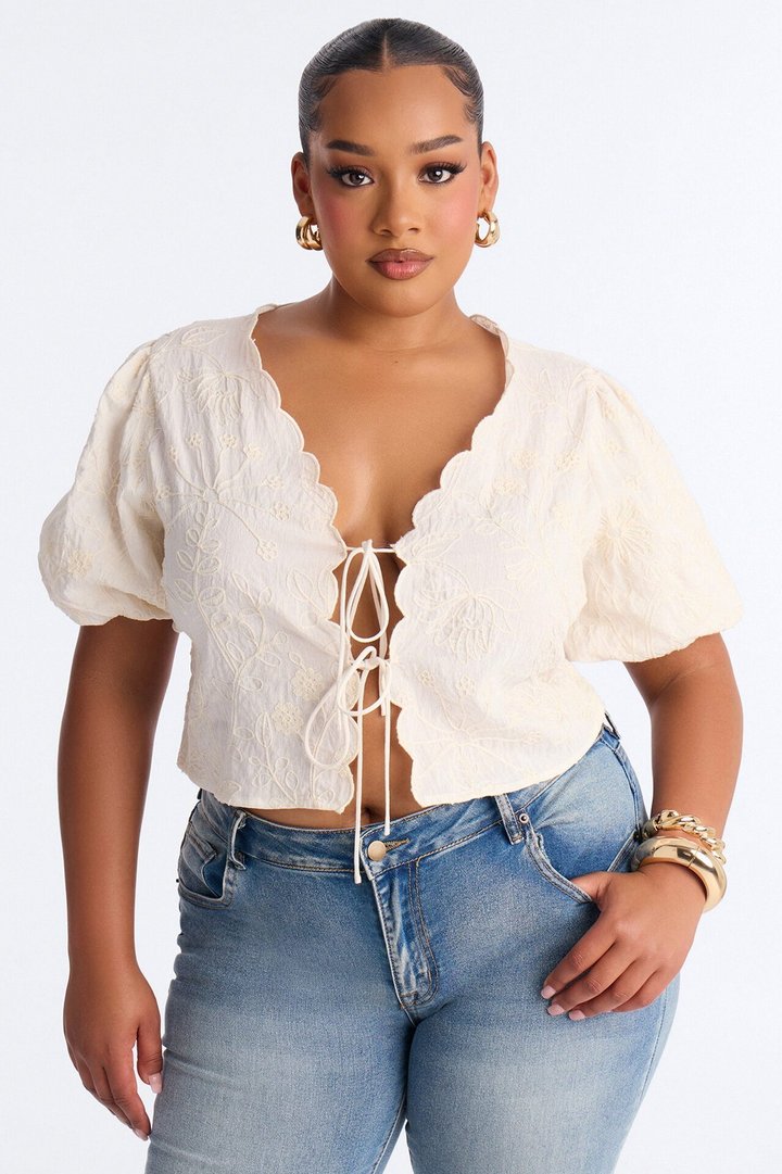 Mira Embroidered Tie Front Linen Top - Cream