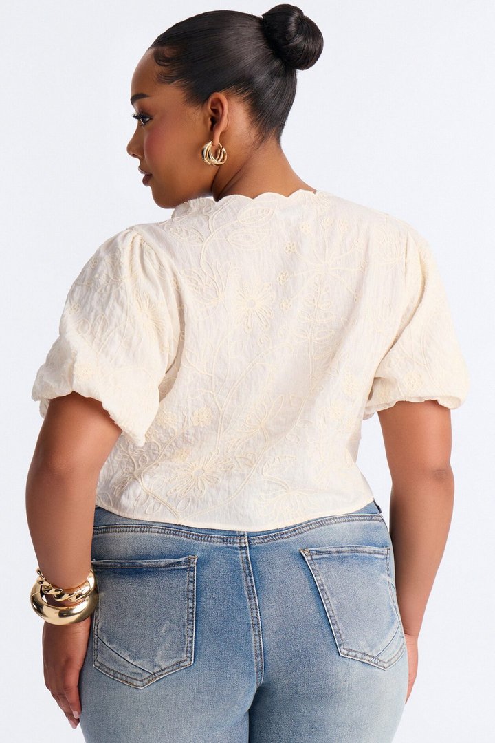 Mira Embroidered Tie Front Linen Top - Cream