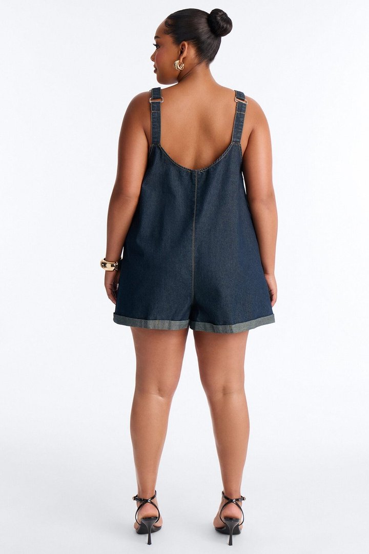 Janie Low Back Denim Romper - Dark Denim
