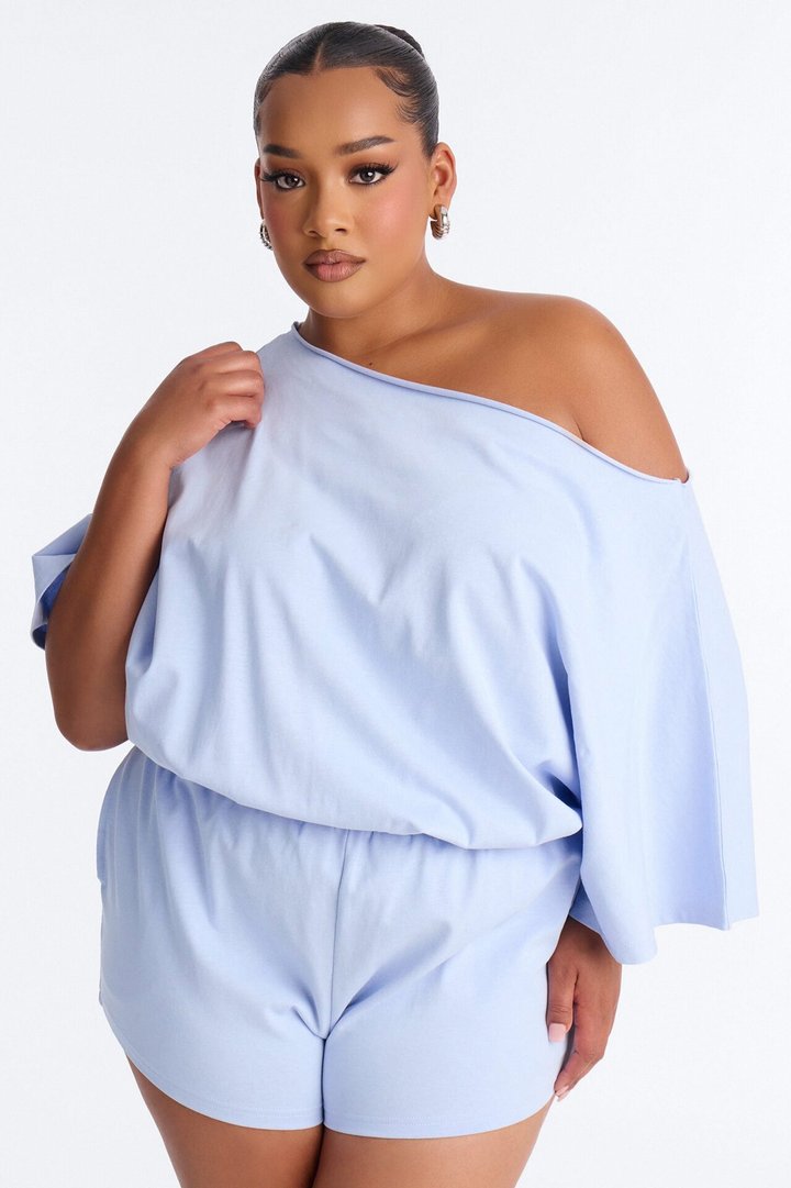 Sunday Dream Cotton Off Shoulder Romper - Dusty Blue