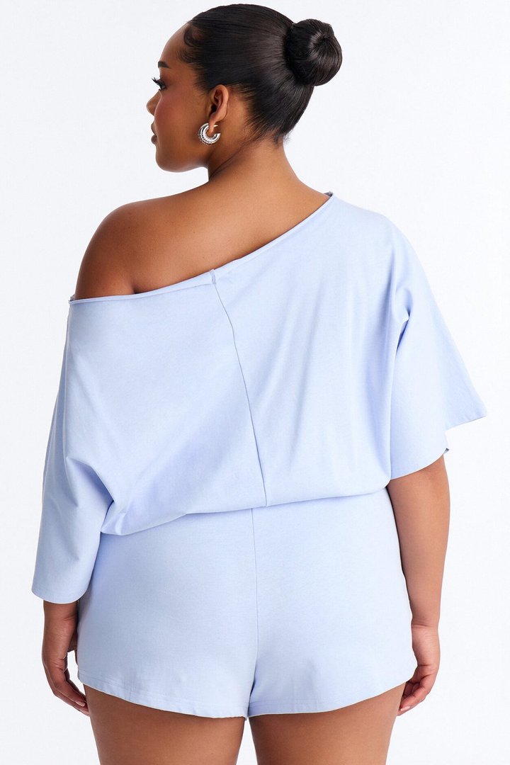 Sunday Dream Cotton Off Shoulder Romper - Dusty Blue