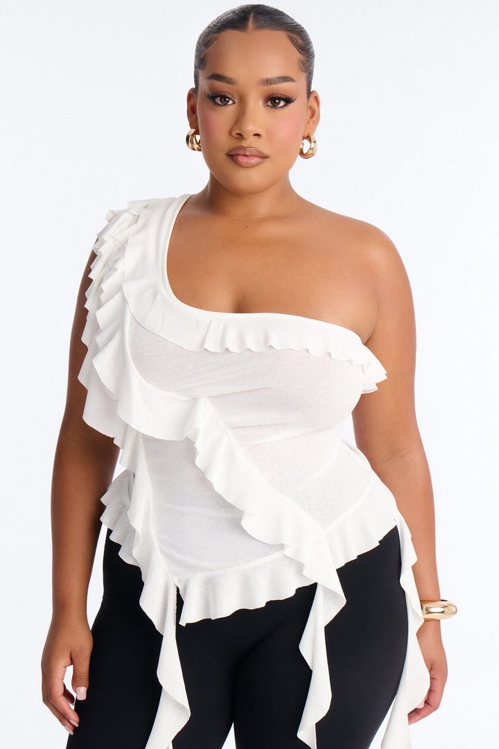 Sicily Ruffle One Shoulder Textured Top - White