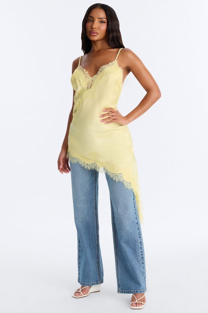 Taste Of Trouble Lace Trim Satin Top - Butter Yellow