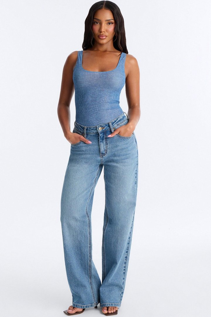 Kendra Sheer Mesh Scoop Neck Tank Top Bodysuit - Blue
