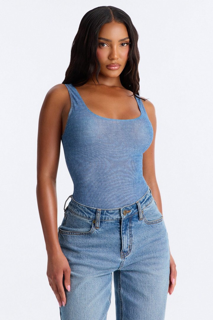 Kendra Sheer Mesh Scoop Neck Tank Top Bodysuit - Blue