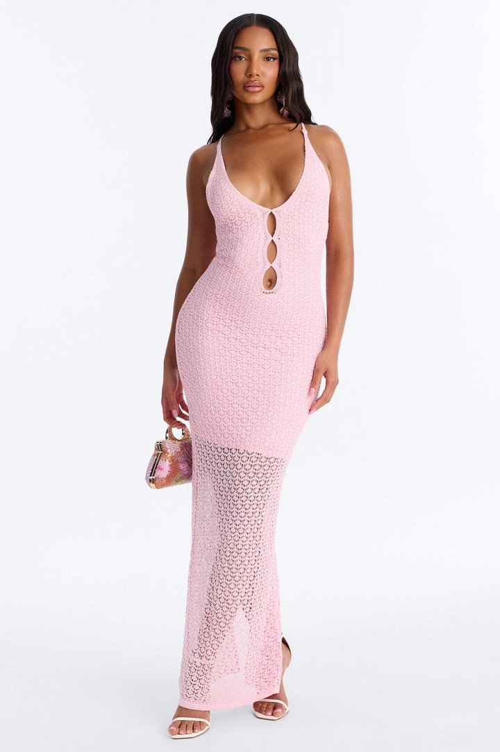 Ocean View Sheer Crochet Maxi Dress - Pink