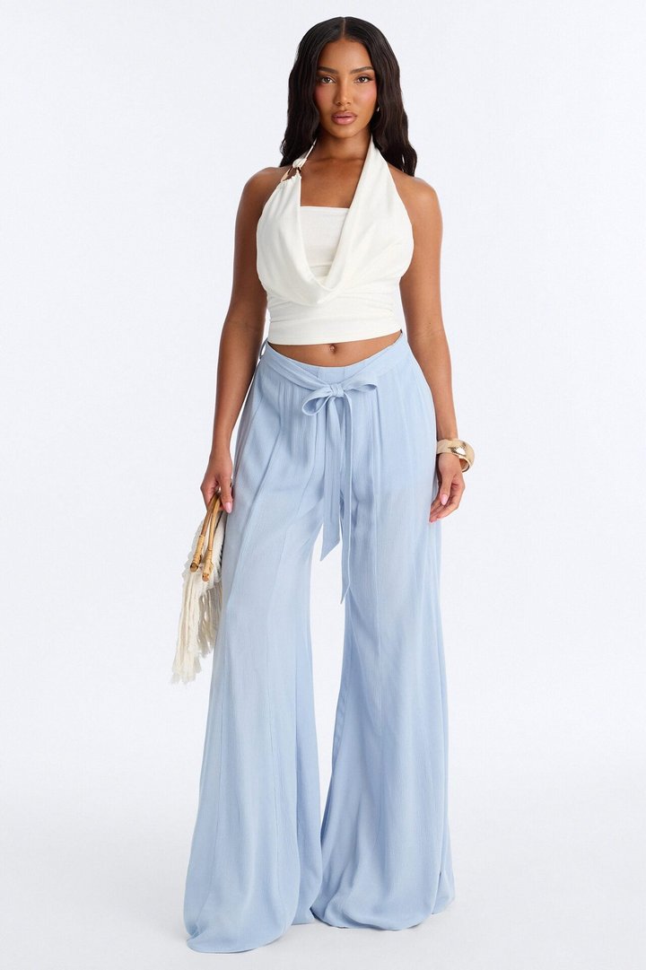 Kelsey Mid Rise Tie Waist Flowy Wide Leg Pant 34″ - Light Blue
