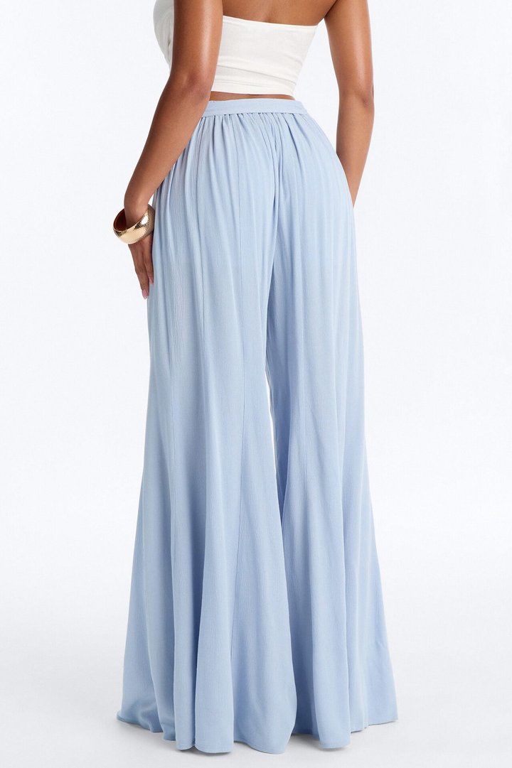Kelsey Mid Rise Tie Waist Flowy Wide Leg Pant 34″ - Light Blue