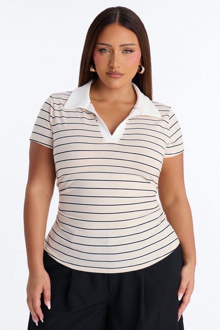 Leena Striped Short Sleeve Polo Top - Taupe/combo