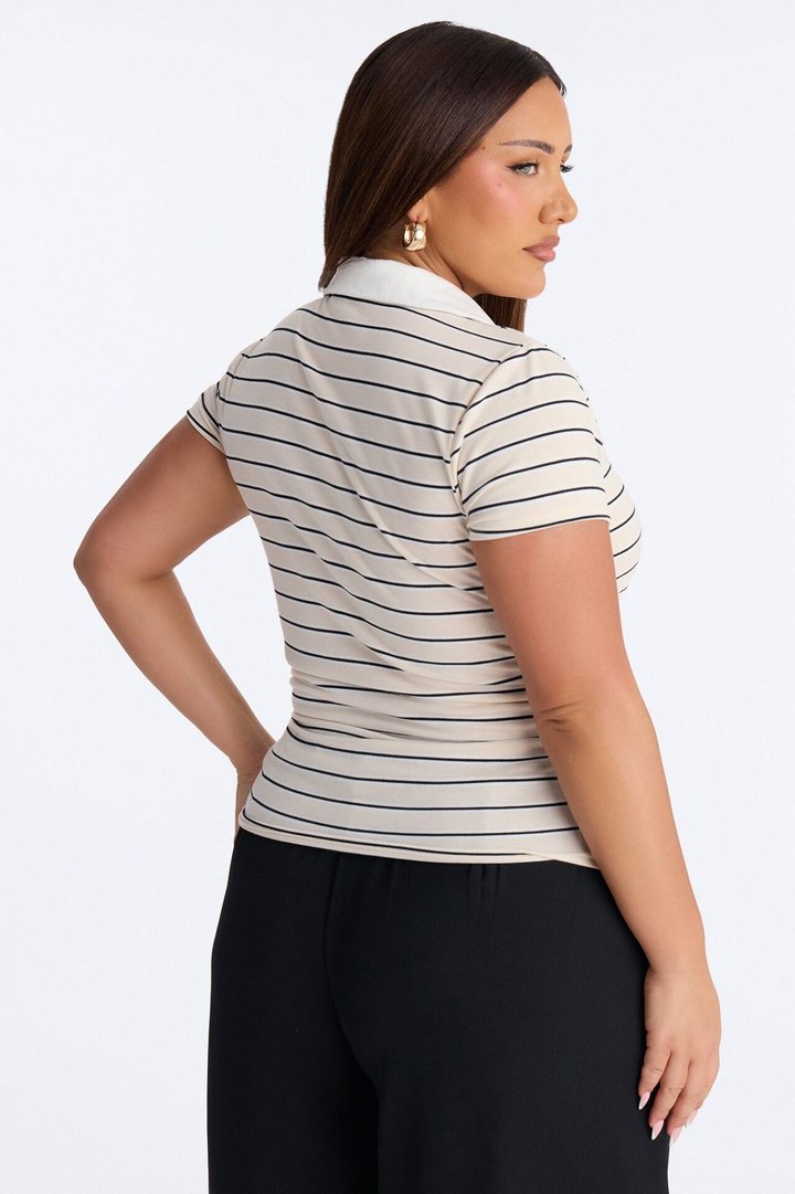 Leena Striped Short Sleeve Polo Top - Taupe/combo