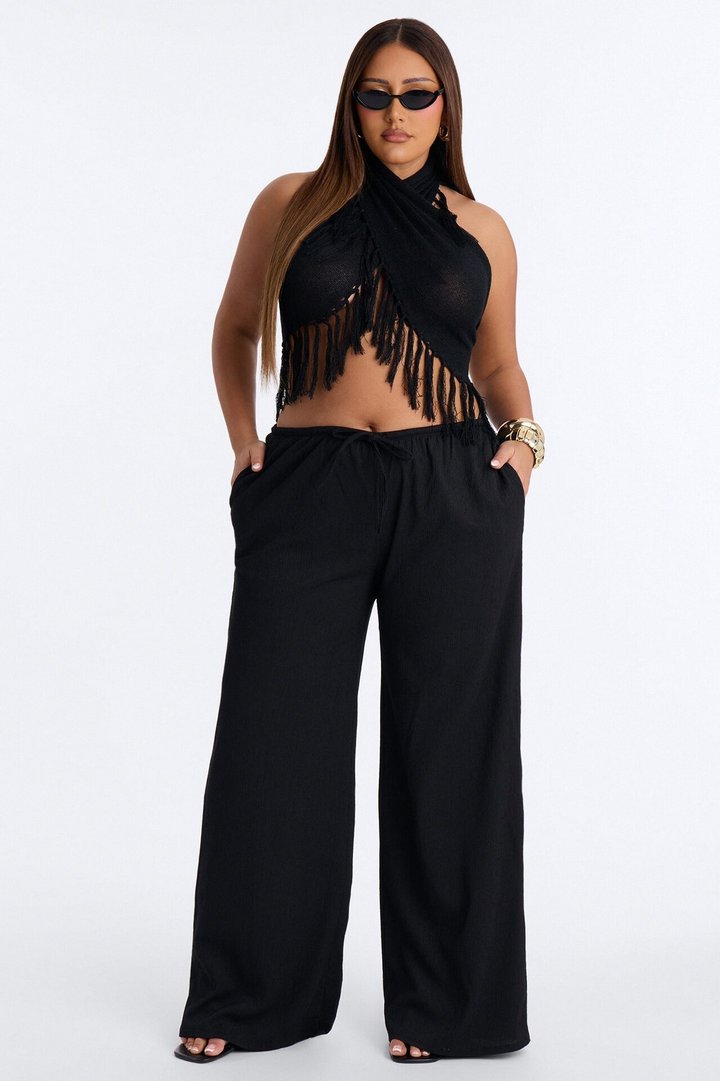 Living On Sunshine Fringe Sweater Halter Top - Black