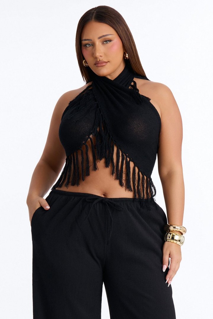 Living On Sunshine Fringe Sweater Halter Top - Black