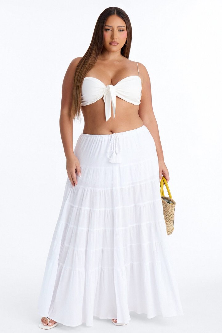 Summer Haze Tiered Rope Tie Waist Maxi Skirt - White