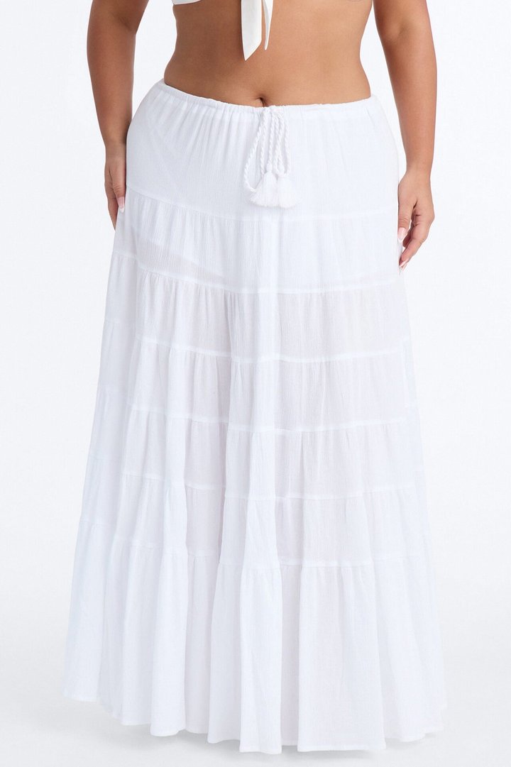 Summer Haze Tiered Rope Tie Waist Maxi Skirt - White