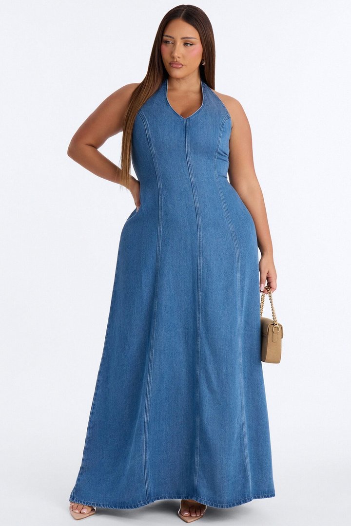 Zaira Halter Denim Maxi Dress - Medium Wash