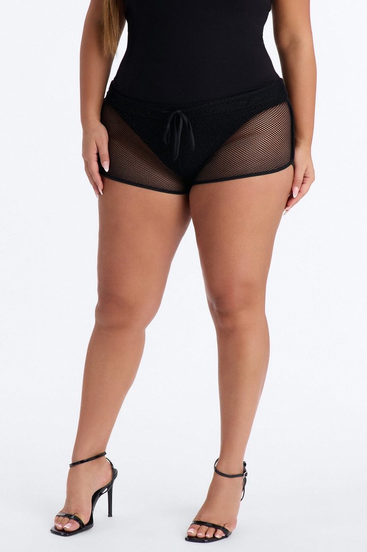 Hot Shot Shimmer Fishnet Micro Dolphin Short - Black