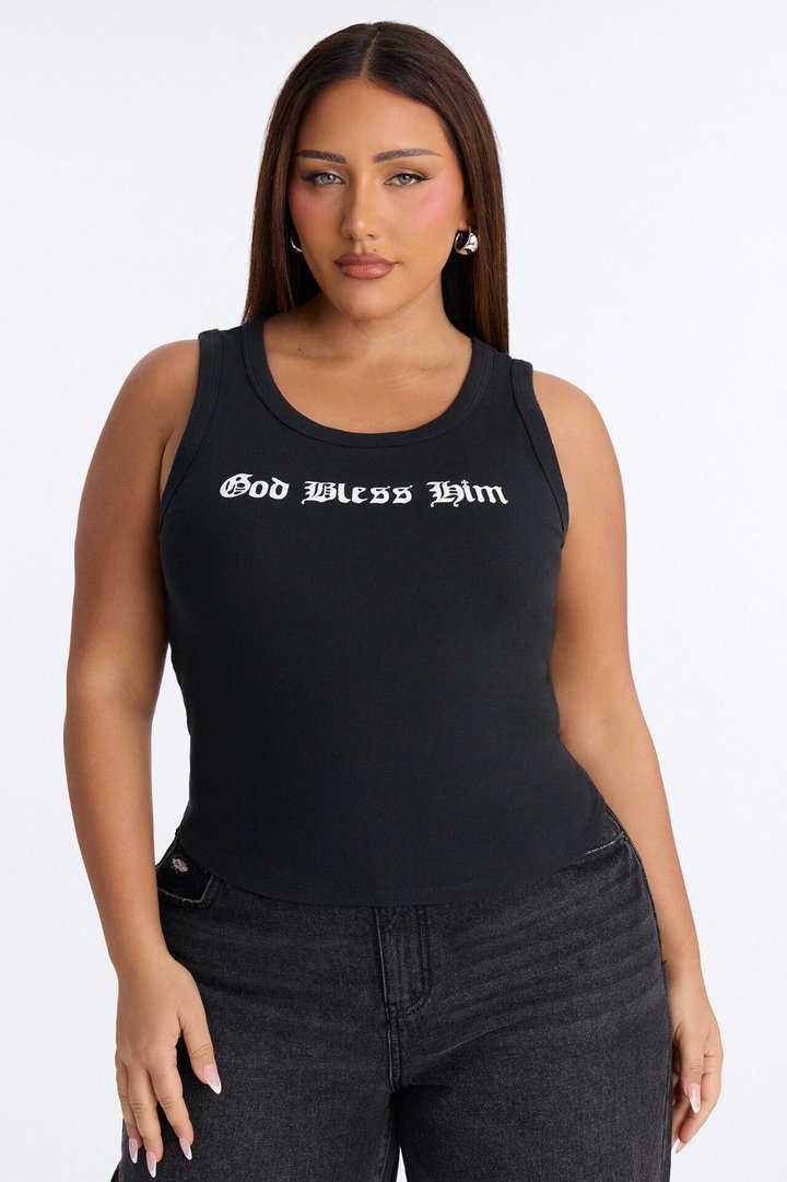 God Bless Him Ribbed Tank Top - Black