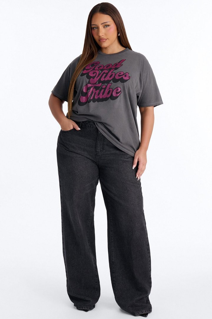 Good Vibes Tribe Washed Rhinestone Tshirt - Charcoal/combo