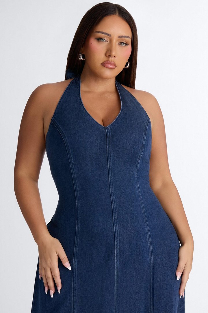 Zaira Halter Denim Maxi Dress - Dark Wash