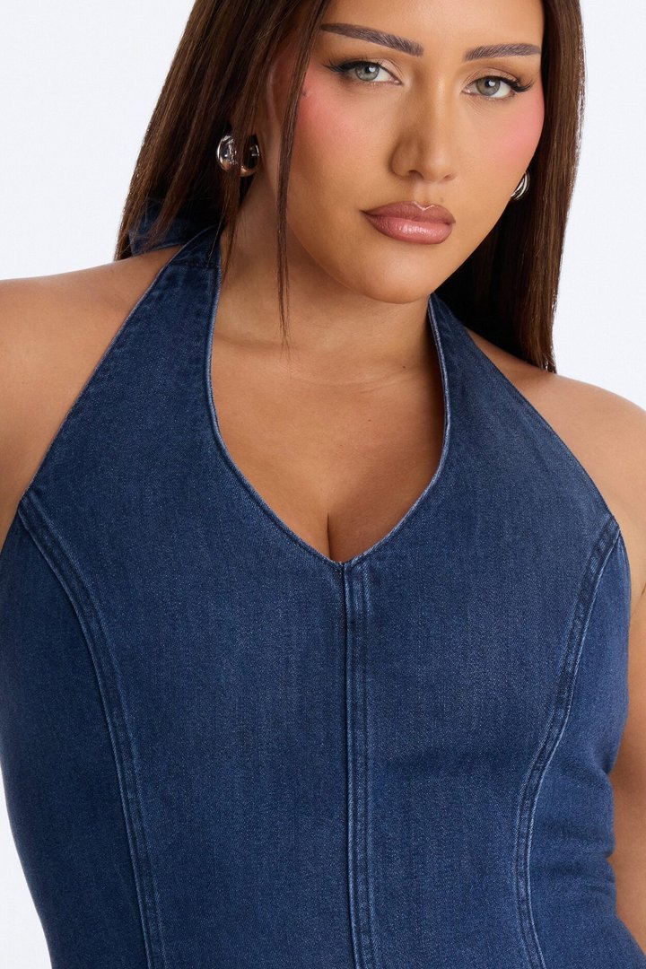 Zaira Halter Denim Maxi Dress - Dark Wash