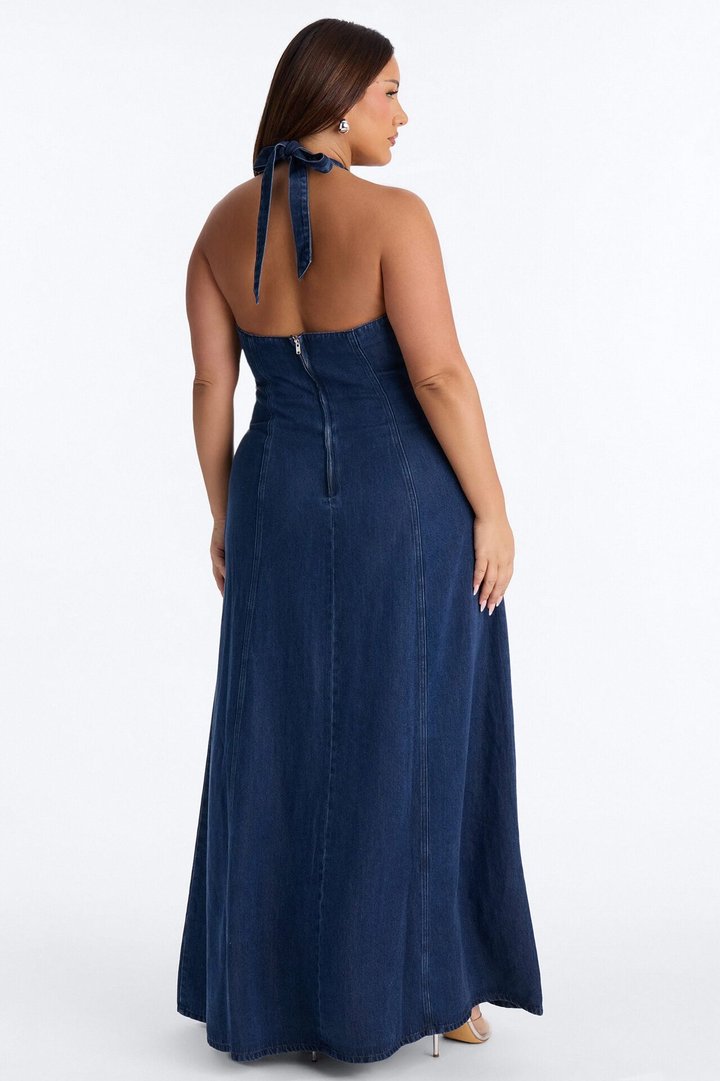 Zaira Halter Denim Maxi Dress - Dark Wash