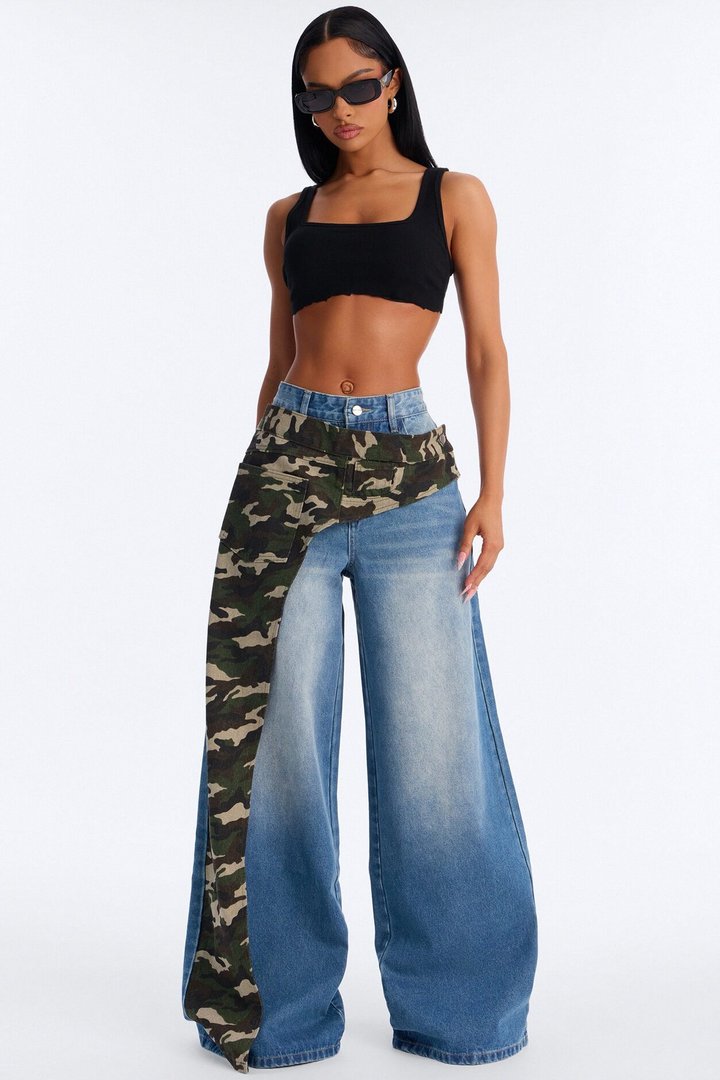 Can't Miss Me Camo Wrap Wide Leg Jeans - Medium Wash