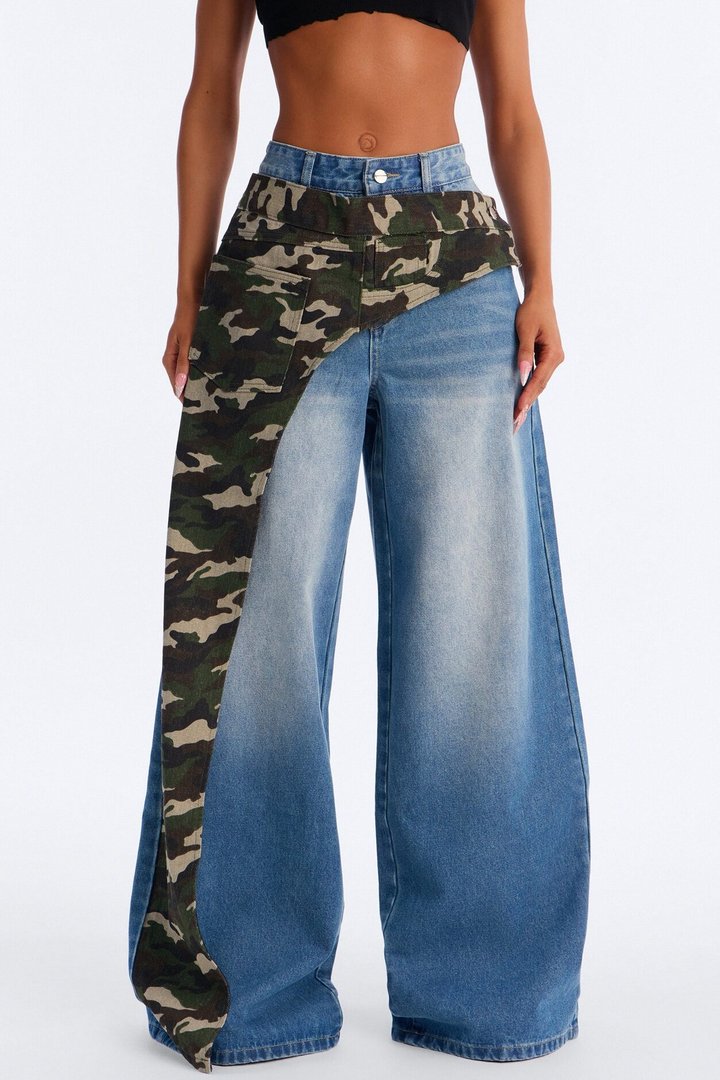 Can't Miss Me Camo Wrap Wide Leg Jeans - Medium Wash