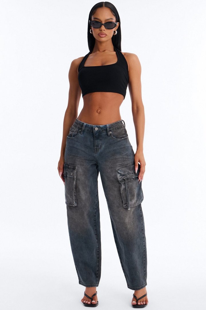Gridlock Low Waist Barrel Leg Jeans - Blue Wash