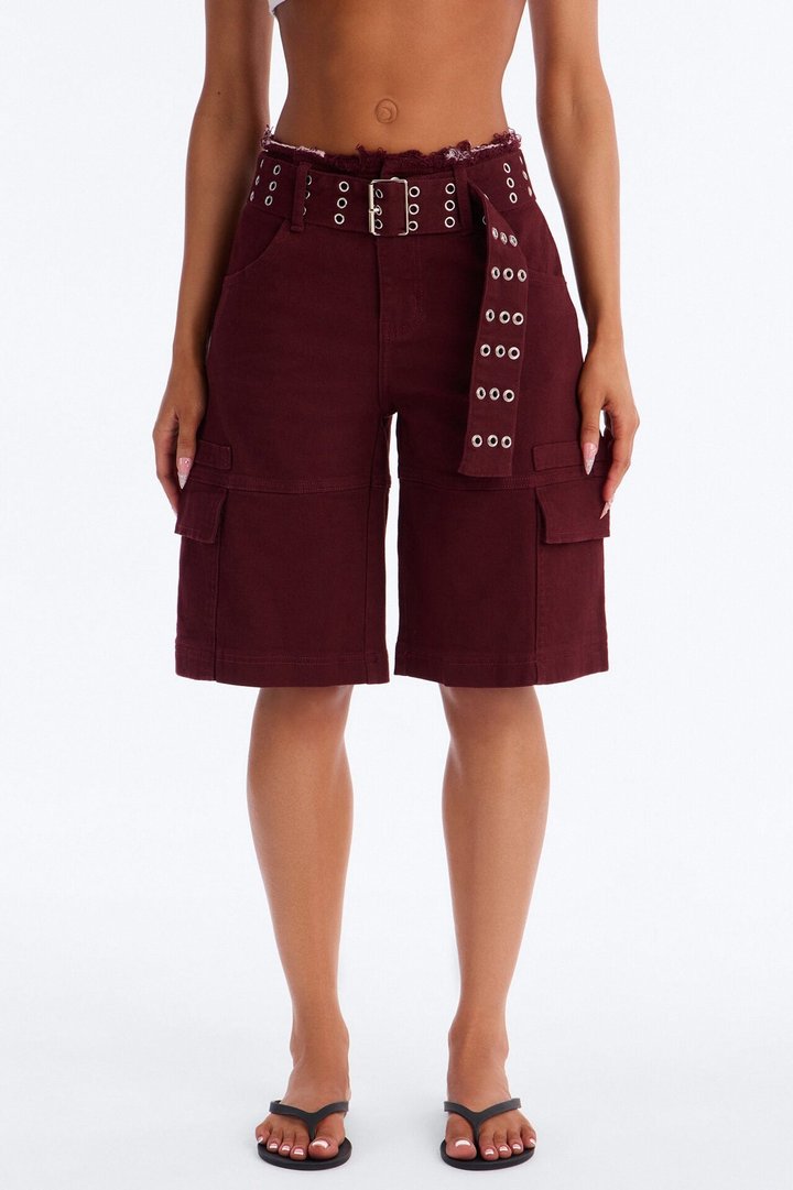 Valerie Cargo Cut Off Waistband Denim Shorts - Wine