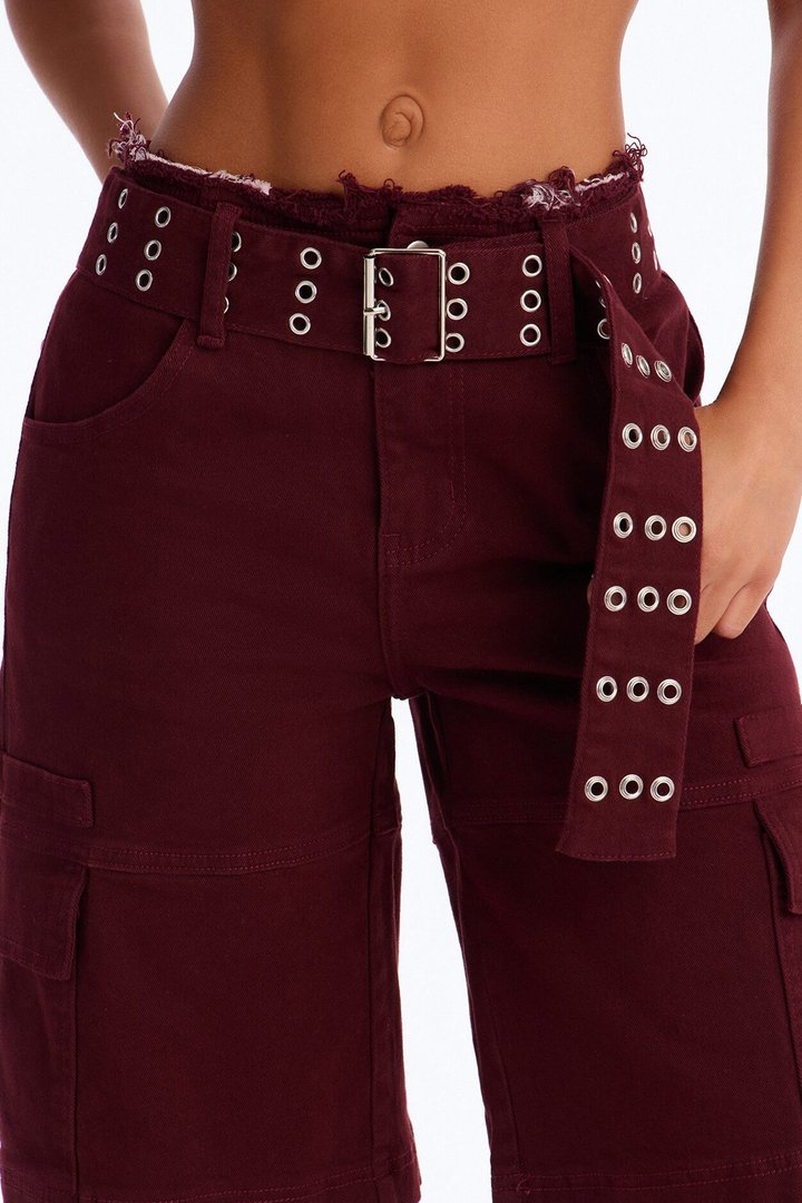 Valerie Cargo Cut Off Waistband Denim Shorts - Wine