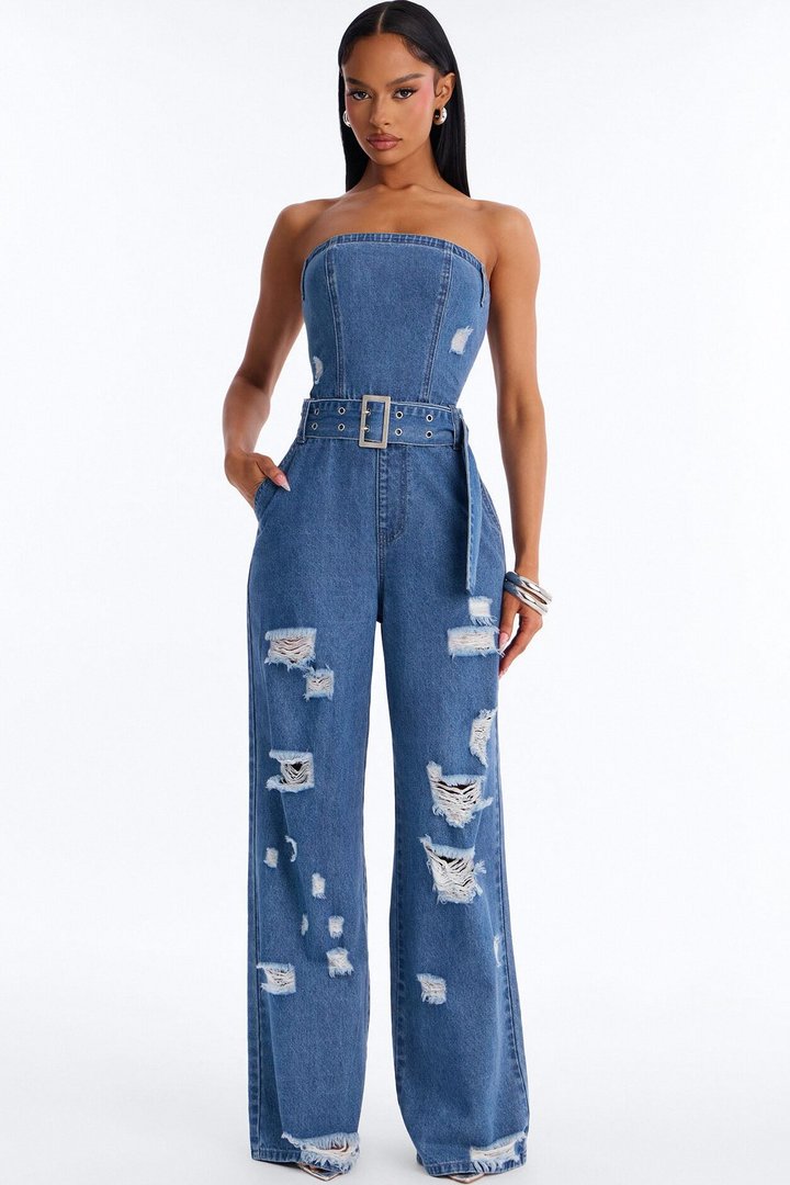 Diva In Distress Belted Denim Jumpsuit - Medium Wash