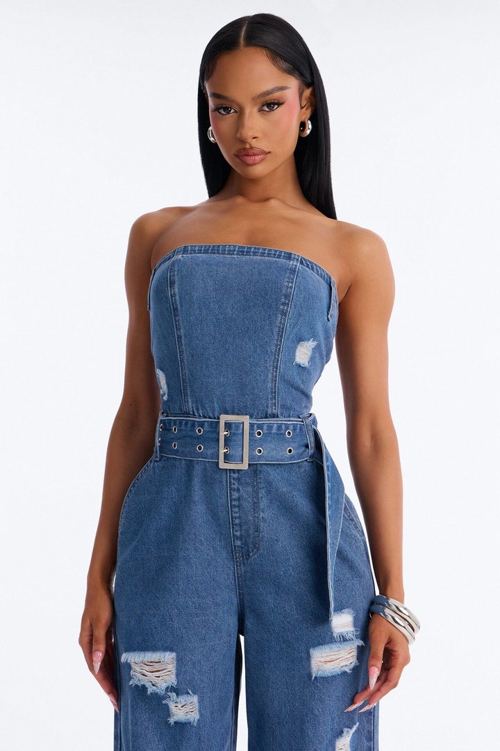 Diva In Distress Belted Denim Jumpsuit - Medium Wash