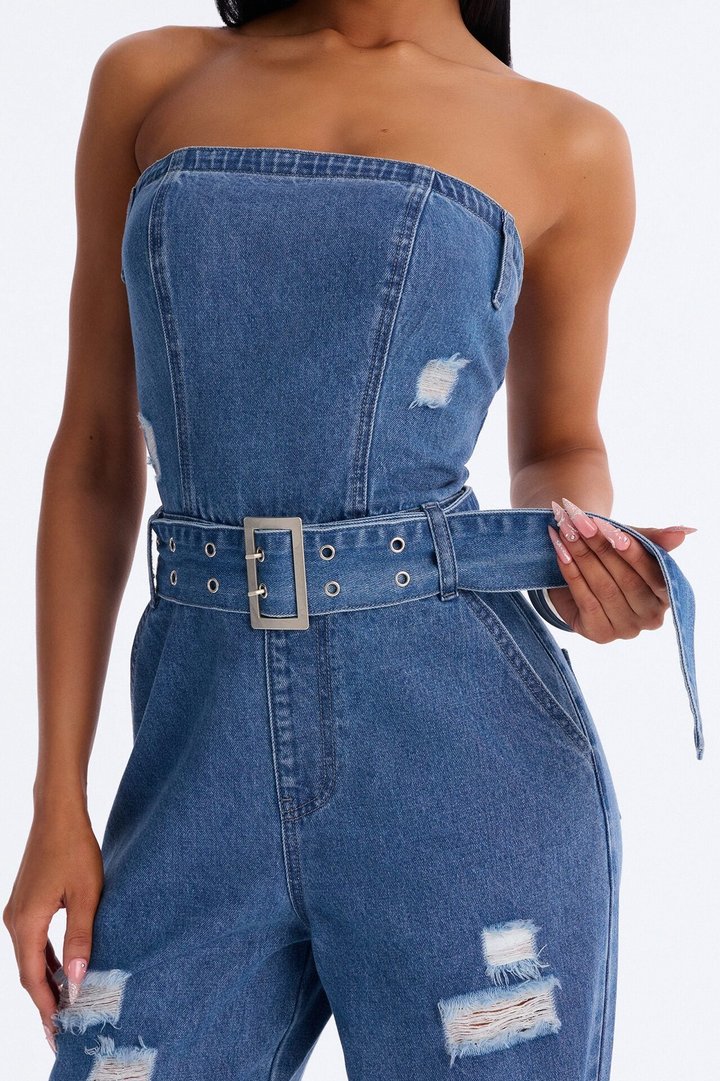Diva In Distress Belted Denim Jumpsuit - Medium Wash