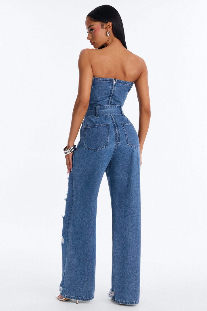 Diva In Distress Belted Denim Jumpsuit - Medium Wash
