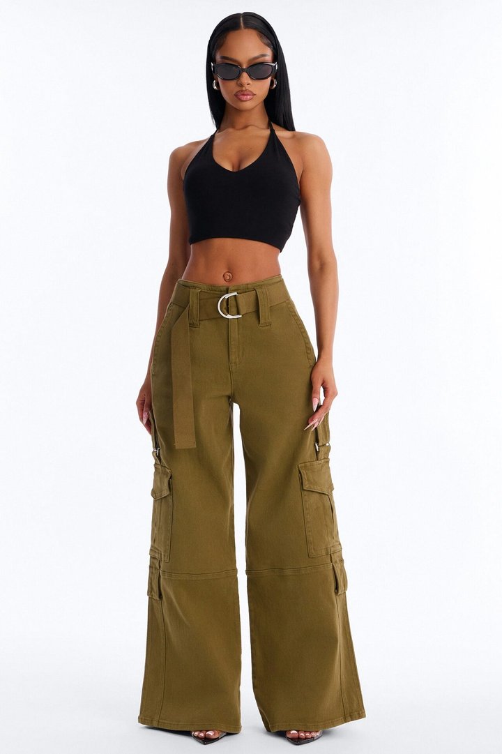 Natalia High Rise Cargo Belted Wide Leg Pant 33″ - Olive